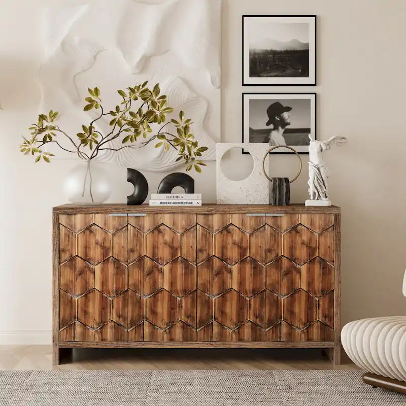 Accent Cabinet Farmhouse Style 4 Door Wooden Cabinet Sideboard Buffet Server Cabinet Storage Cabinet