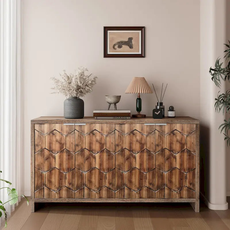 Accent Cabinet Farmhouse Style 4 Door Wooden Cabinet Sideboard Buffet Server Cabinet Storage Cabinet