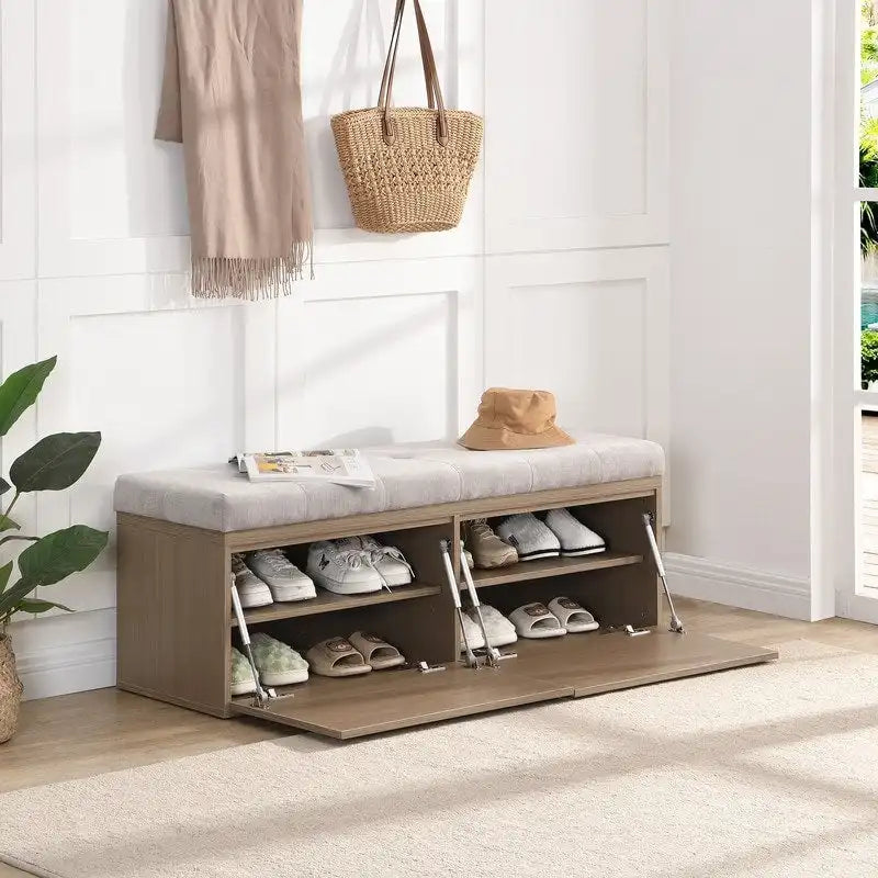 49 Shoe Storage Bench Entryway Shoe Cabinet with Cushion and Double Doors