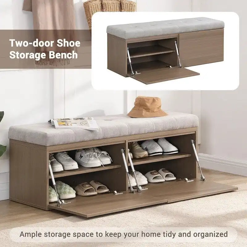 49 Shoe Storage Bench Entryway Shoe Cabinet with Cushion and Double Doors