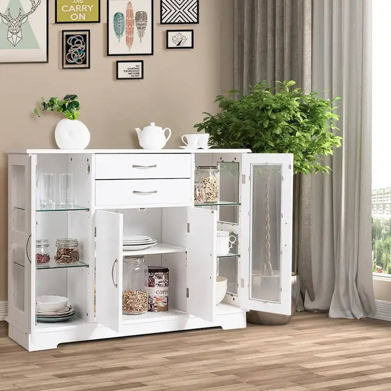 Buffet Storage Cabinet Console Cupboard W/Glass Door Drawers