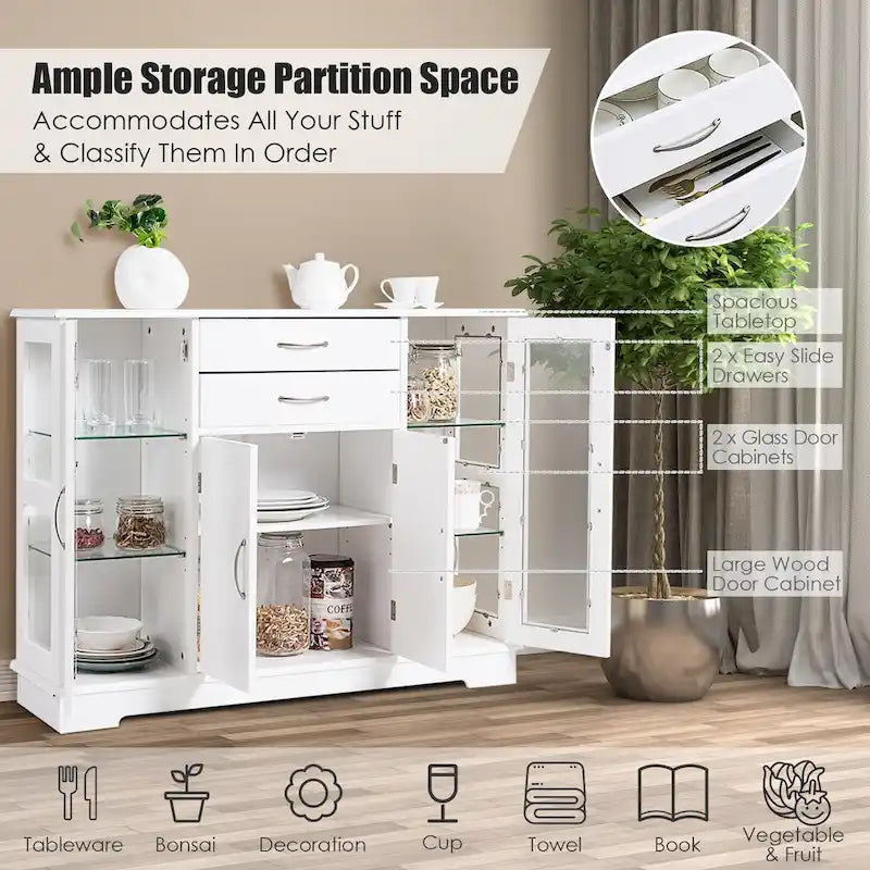 Buffet Storage Cabinet Console Cupboard W/Glass Door Drawers