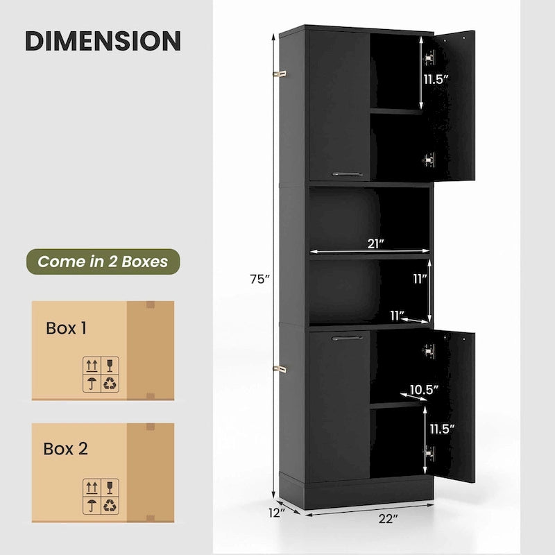 75 Tall Bathroom Storage Cabinet with 4 Doors & 2 Open - See Details