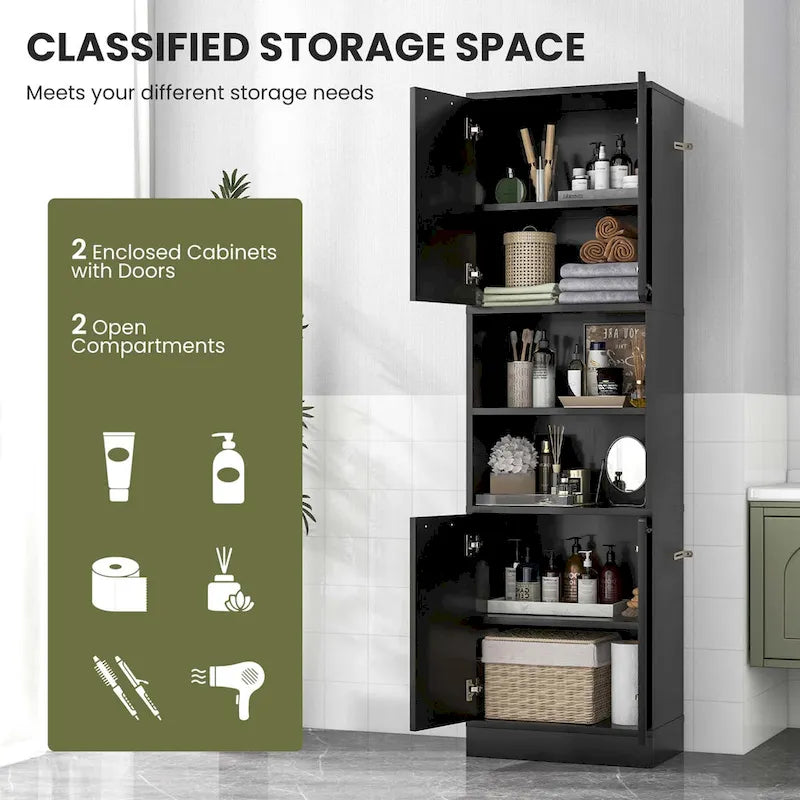 75 Tall Bathroom Storage Cabinet with 4 Doors & 2 Open - See Details