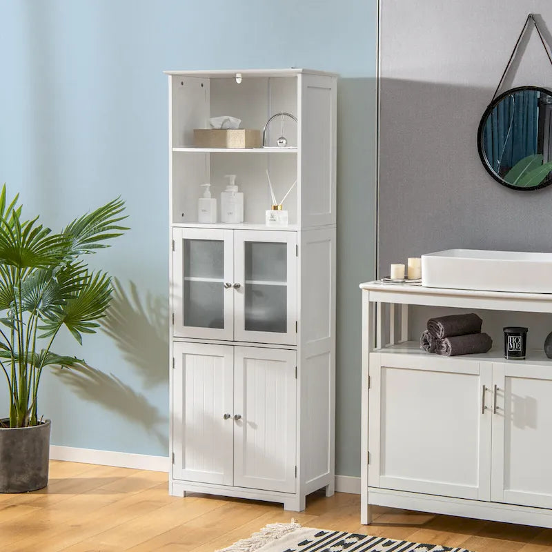 Bathroom Tall Storage Cabinet Linen Tower w/ Glass Door