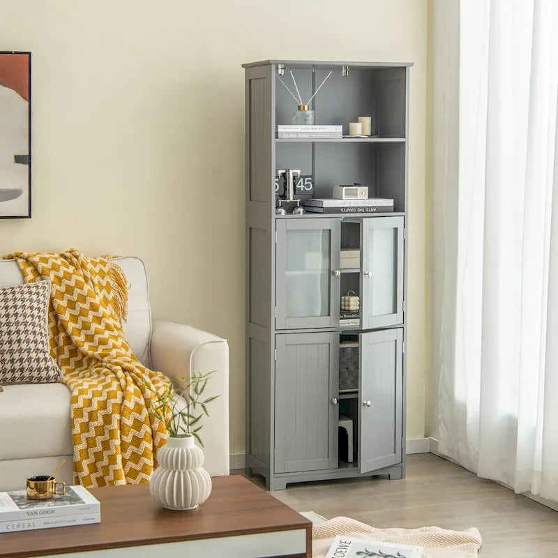 Bathroom Tall Storage Cabinet Linen Tower w/ Glass Door