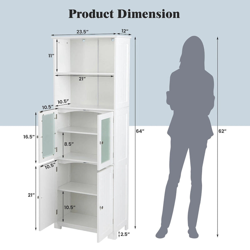 Bathroom Tall Storage Cabinet Linen Tower w/ Glass Door