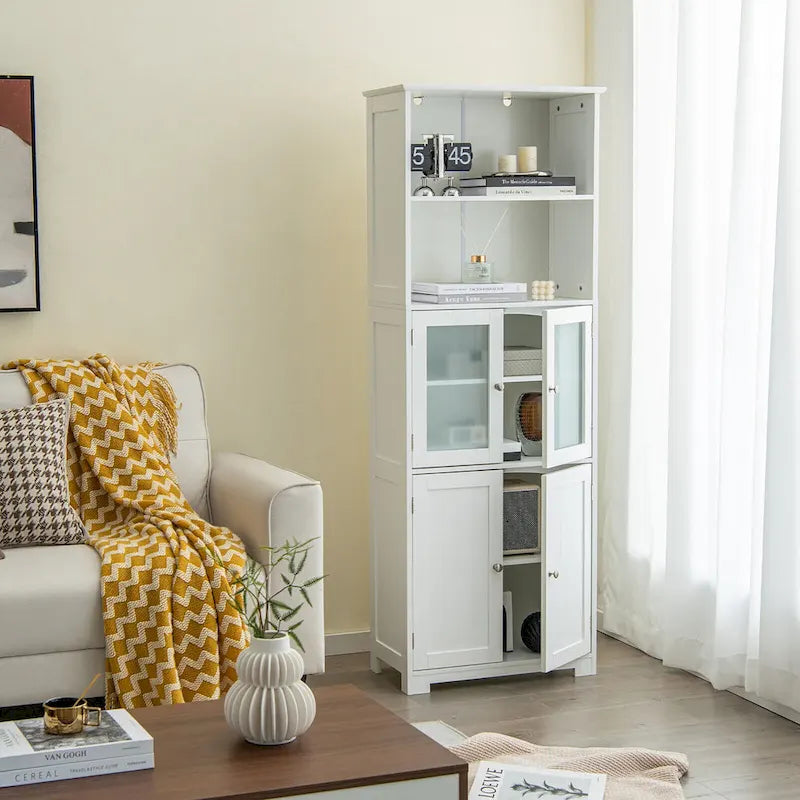 Bathroom Tall Storage Cabinet Linen Tower w/ Glass Door