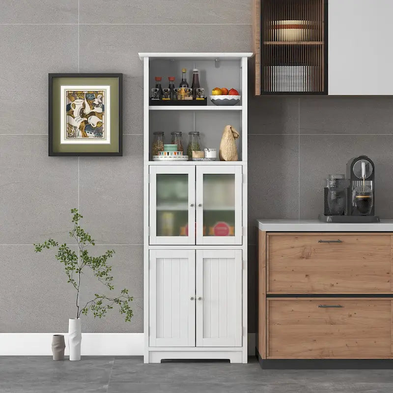 Bathroom Tall Storage Cabinet Linen Tower w/ Glass Door