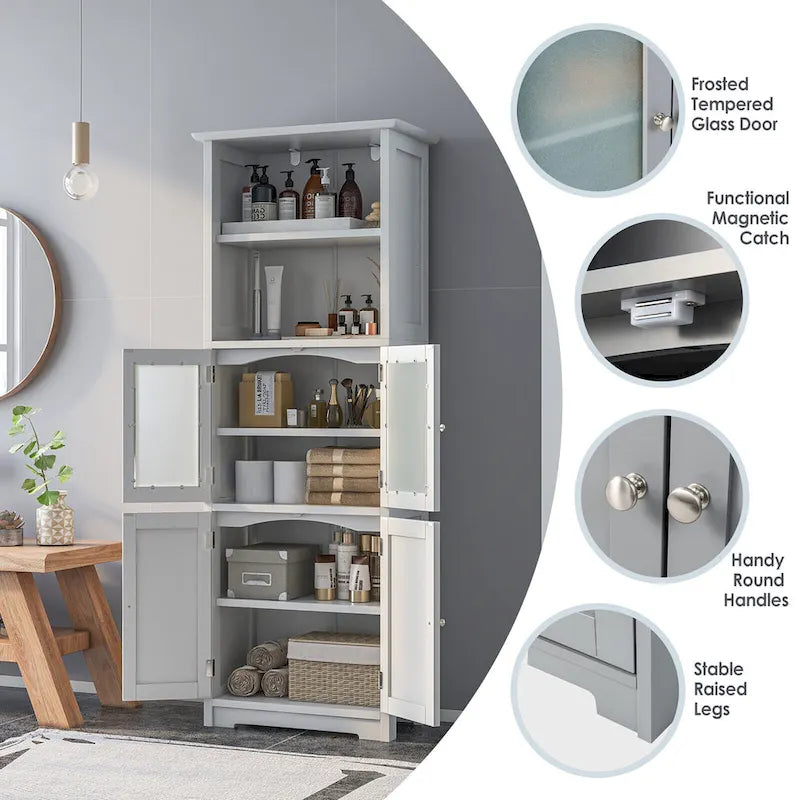 Bathroom Tall Storage Cabinet Linen Tower w/ Glass Door