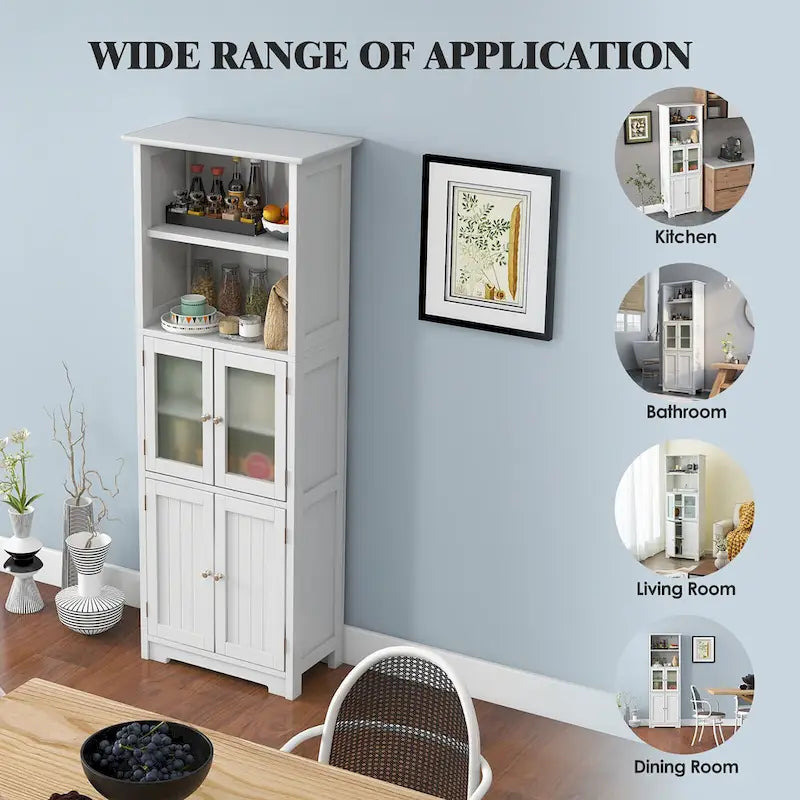 Bathroom Tall Storage Cabinet Linen Tower w/ Glass Door