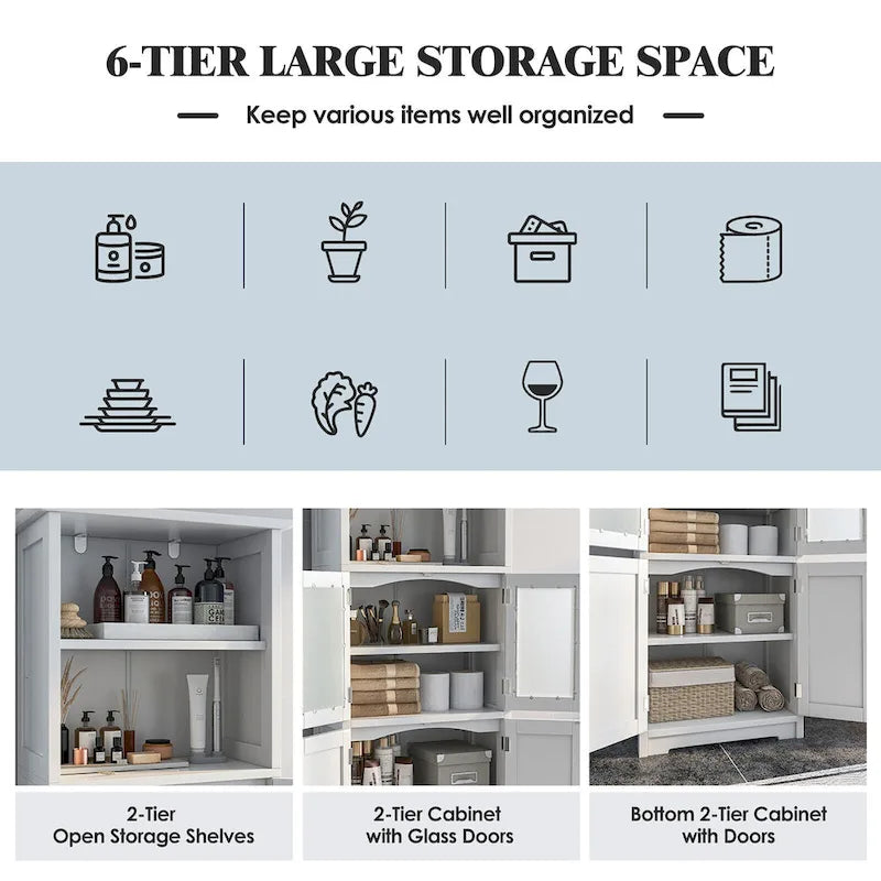Bathroom Tall Storage Cabinet Linen Tower w/ Glass Door