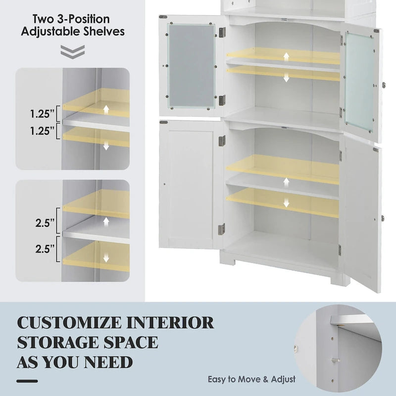 Bathroom Tall Storage Cabinet Linen Tower w/ Glass Door