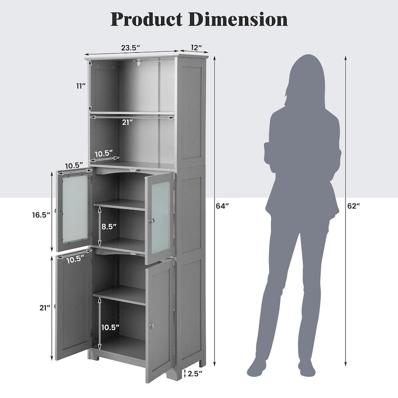 Bathroom Tall Storage Cabinet Linen Tower w/ Glass Door