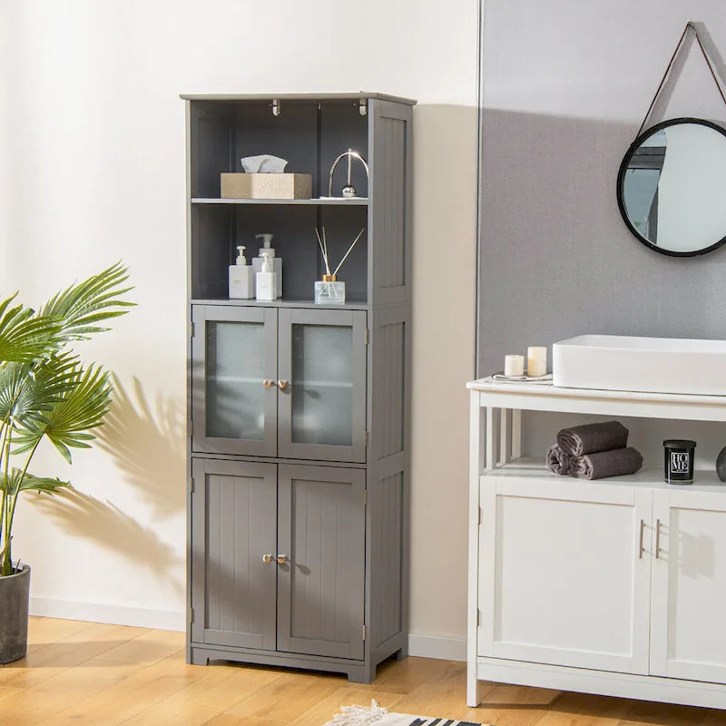 Bathroom Tall Storage Cabinet Linen Tower w/ Glass Door