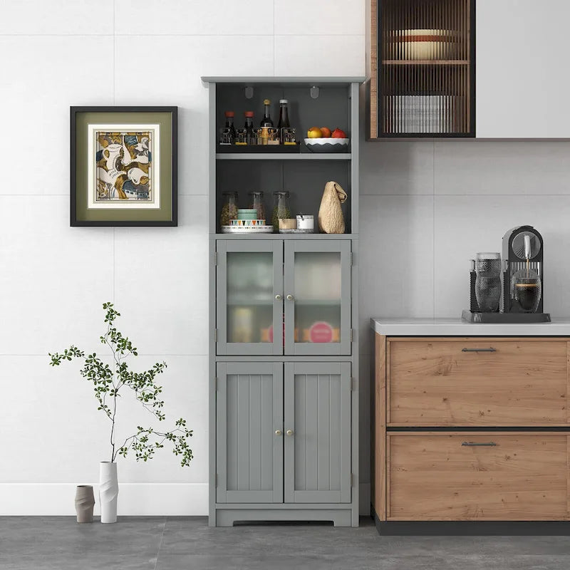 Bathroom Tall Storage Cabinet Linen Tower w/ Glass Door