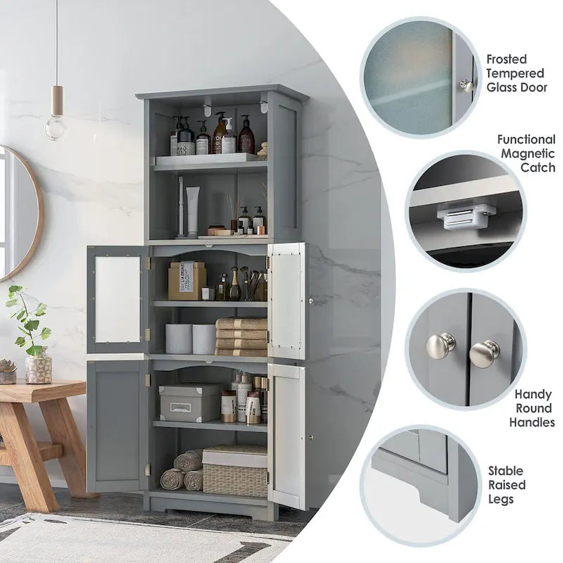 Bathroom Tall Storage Cabinet Linen Tower w/ Glass Door