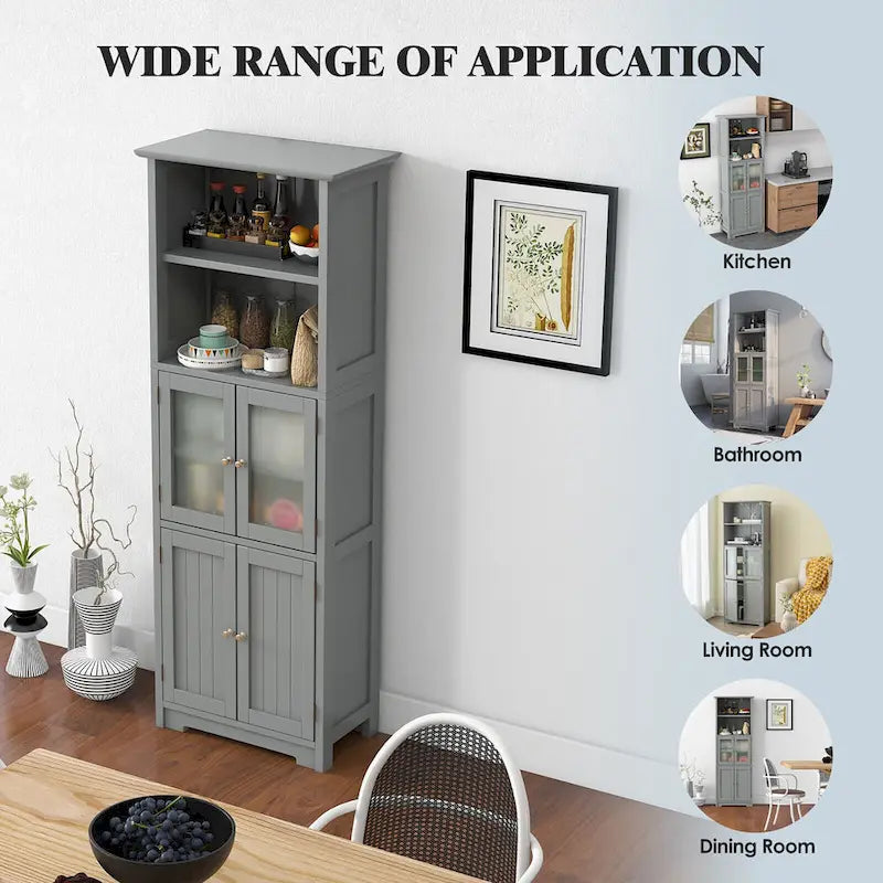 Bathroom Tall Storage Cabinet Linen Tower w/ Glass Door