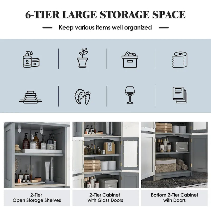 Bathroom Tall Storage Cabinet Linen Tower w/ Glass Door