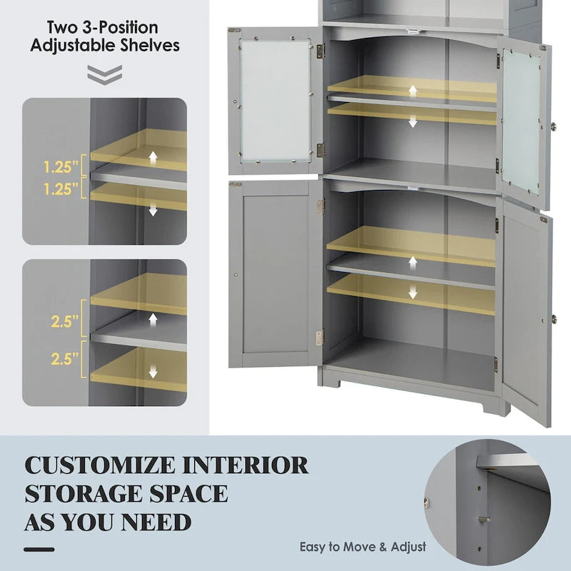Bathroom Tall Storage Cabinet Linen Tower w/ Glass Door