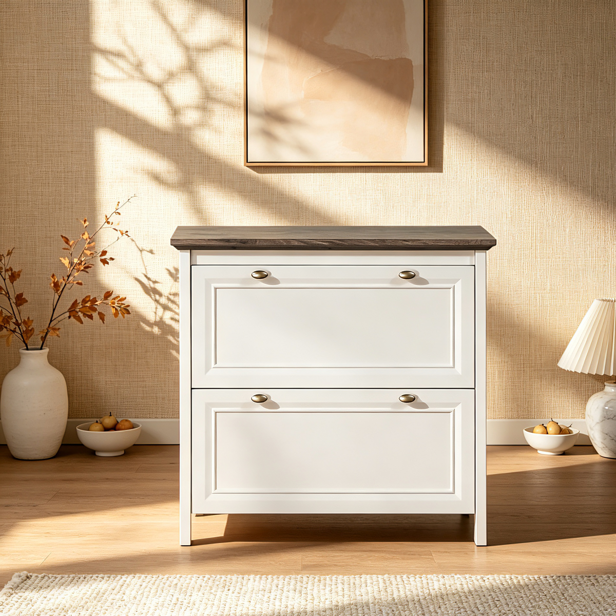 Grey Oak and White Finish 2 Drawer Lateral Filing Cabinets