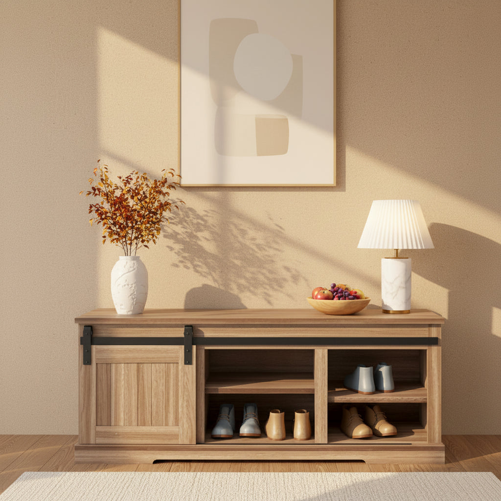 Storage Bench with a Sliding Door and Adjustable Shelf