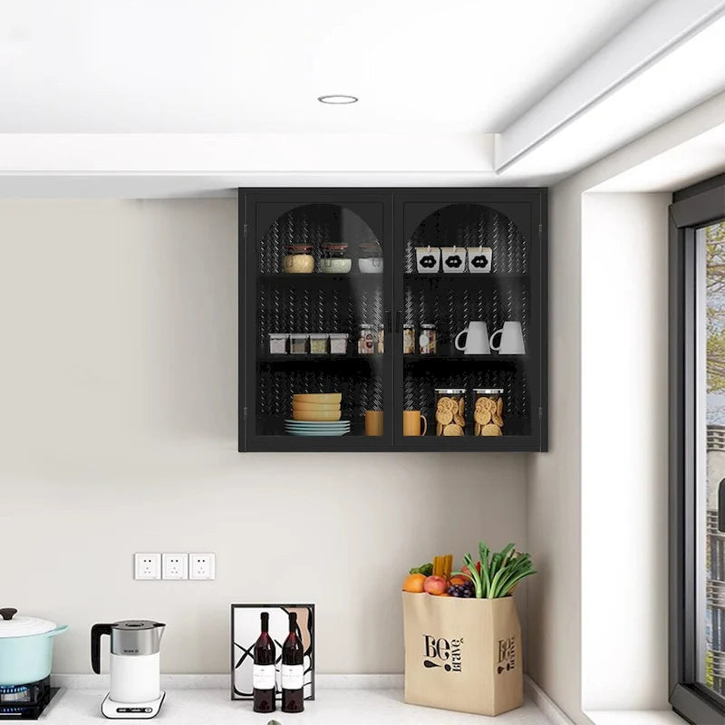27.56Glass Doors Modern Two-door Wall Cabinet with Featuring Three-tier Storage - N/A