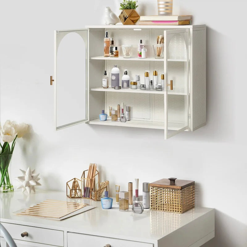 27.56Glass Doors Modern Two-door Wall Cabinet with Featuring Three-tier Storage - N/A