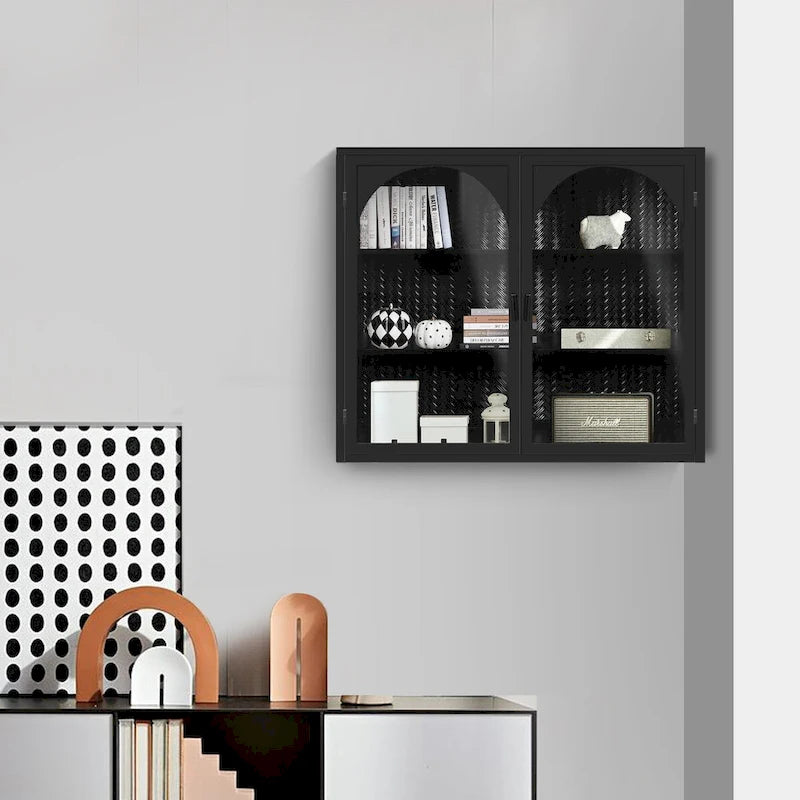 27.56Glass Doors Modern Two-door Wall Cabinet with Featuring Three-tier Storage - N/A