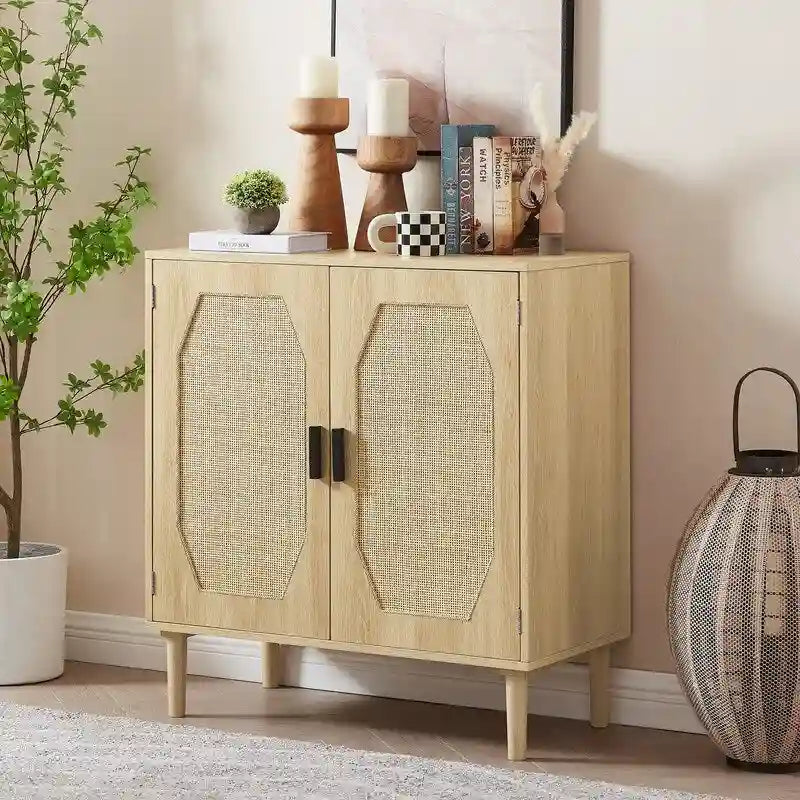 Kitchen Sideboard Storage Cabinet with Rattan Decorative Doors