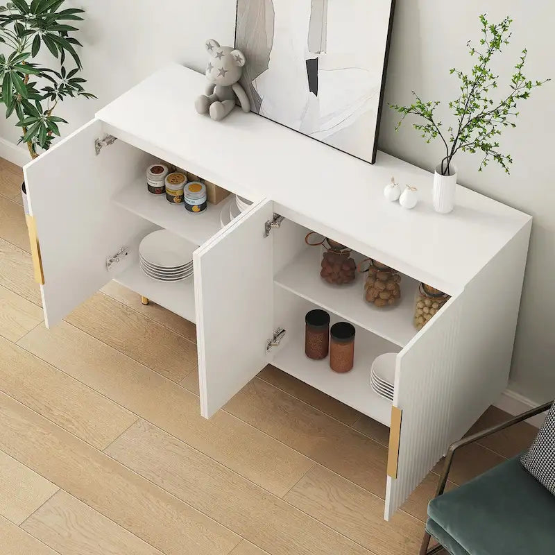 White Modern Buffet Cabinet with Storage, Fluted Sideboard Large Buffet with Adjustable Shelves,Accent Cabinet Console Table