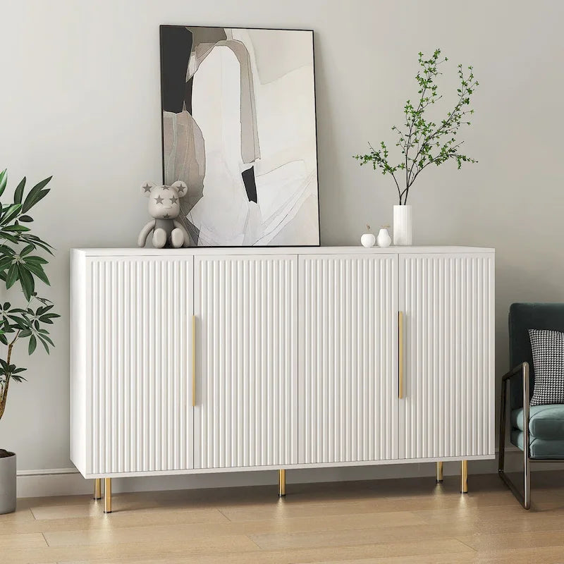 White Modern Buffet Cabinet with Storage, Fluted Sideboard Large Buffet with Adjustable Shelves,Accent Cabinet Console Table