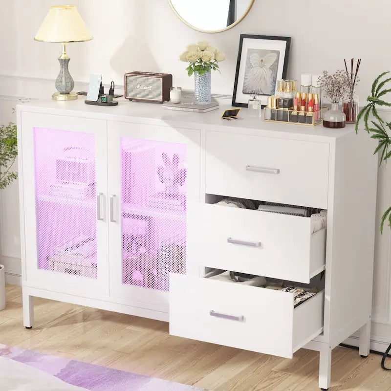 45 W Accent Cabinet with Drawers and Charge Station, Storage Sideboard with LED Light