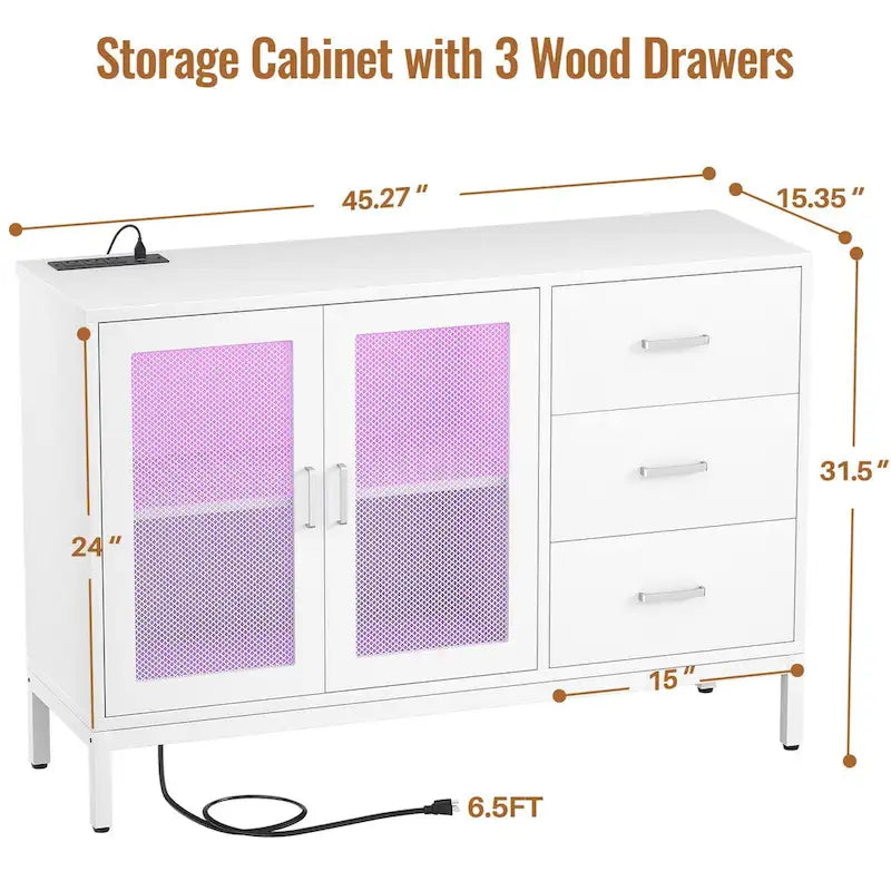 45 W Accent Cabinet with Drawers and Charge Station, Storage Sideboard with LED Light