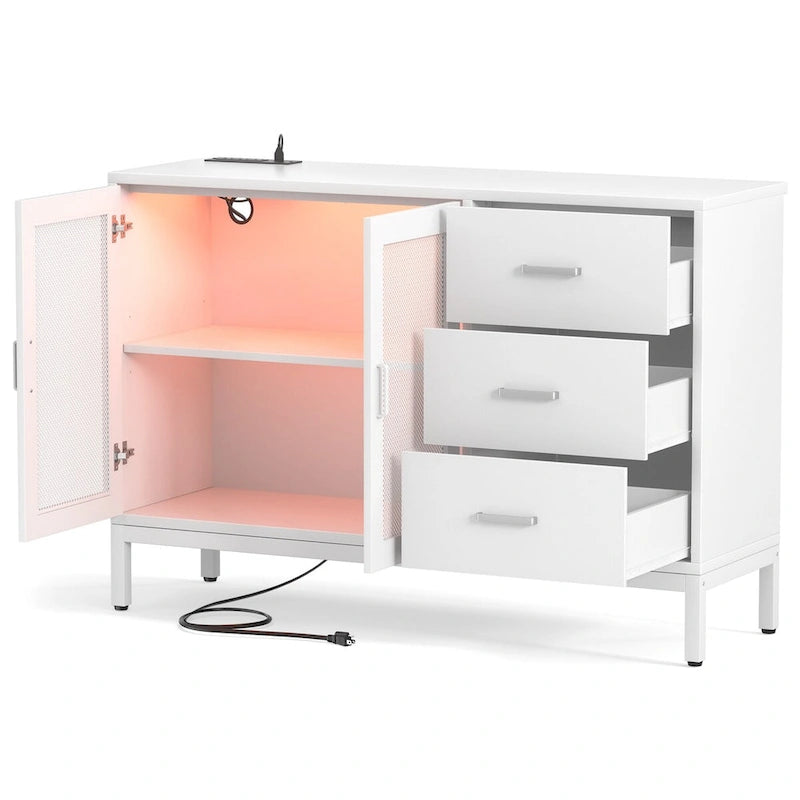 45 W Accent Cabinet with Drawers and Charge Station, Storage Sideboard with LED Light