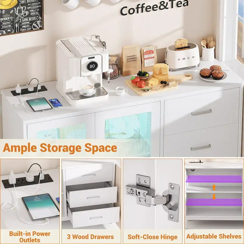 45 W Accent Cabinet with Drawers and Charge Station, Storage Sideboard with LED Light
