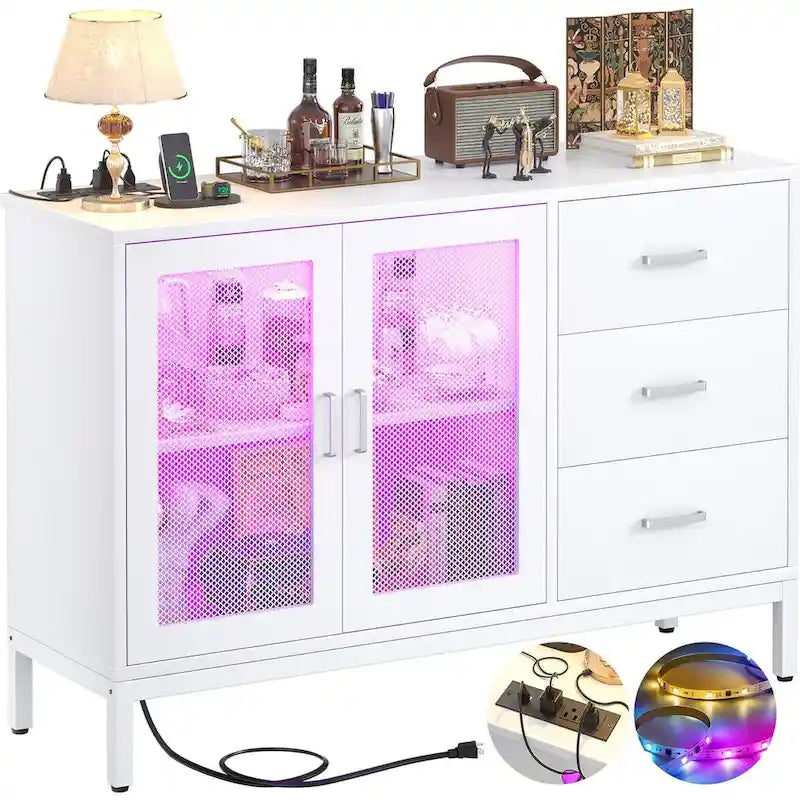 45 W Accent Cabinet with Drawers and Charge Station, Storage Sideboard with LED Light