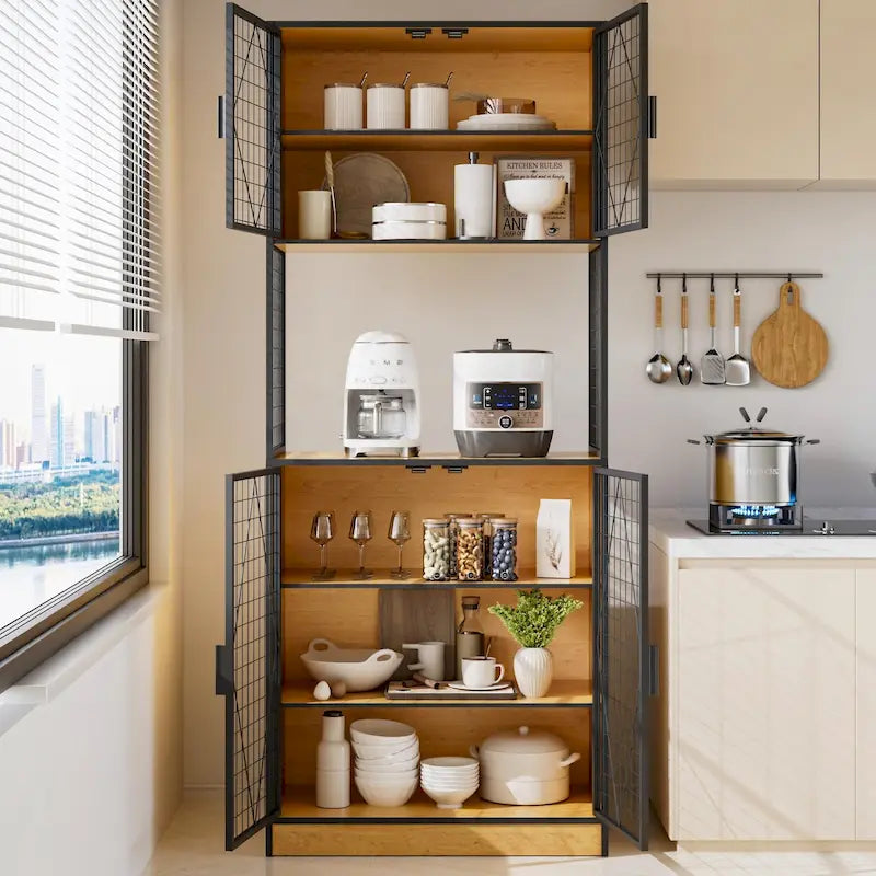72 Kitchen Pantry Cabinet with Door and Shelves, Tall Kitchen Hutch Cabinet with Microwave Stand