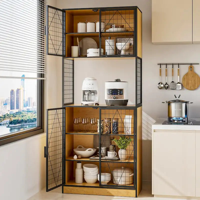72 Kitchen Pantry Cabinet with Door and Shelves, Tall Kitchen Hutch Cabinet with Microwave Stand