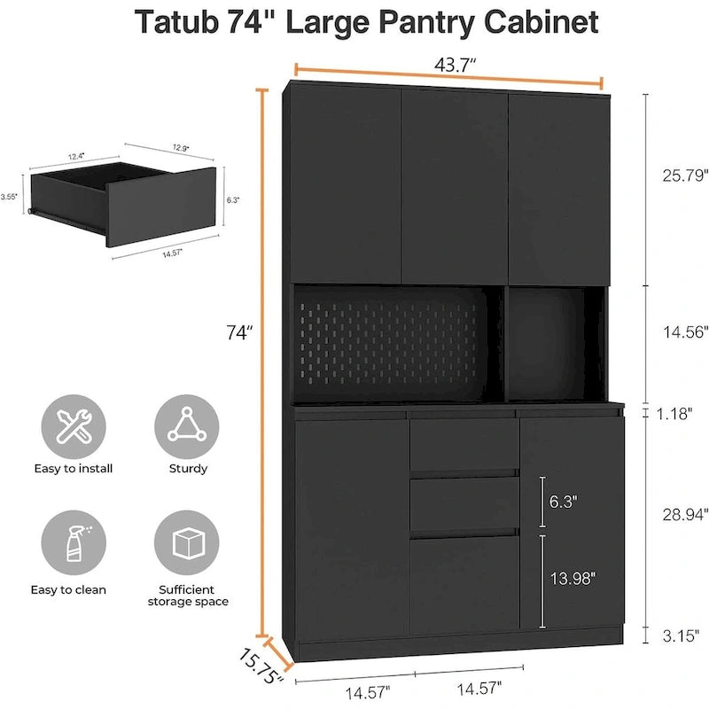 74 Freestanding Kitchen Pantry Cabinet Cupboard with 6 Doors,3 Shelves and 2 Drawer,Versatile Wardrobe & Kitchen Cabinet