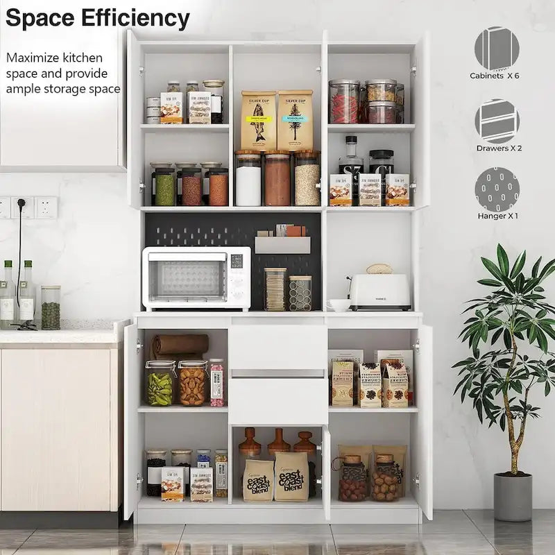 74 Freestanding Kitchen Pantry Cabinet Cupboard with 6 Doors,3 Shelves and 2 Drawer,Versatile Wardrobe & Kitchen Cabinet
