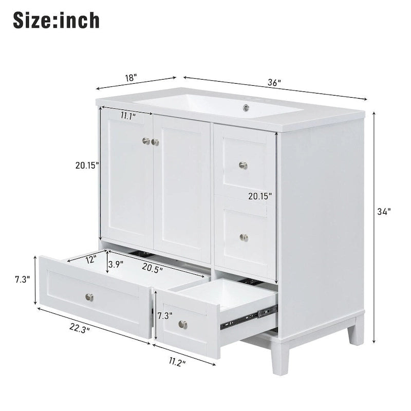36 Inch Modern Bathroom Vanity with USB Charging and Single Resin top