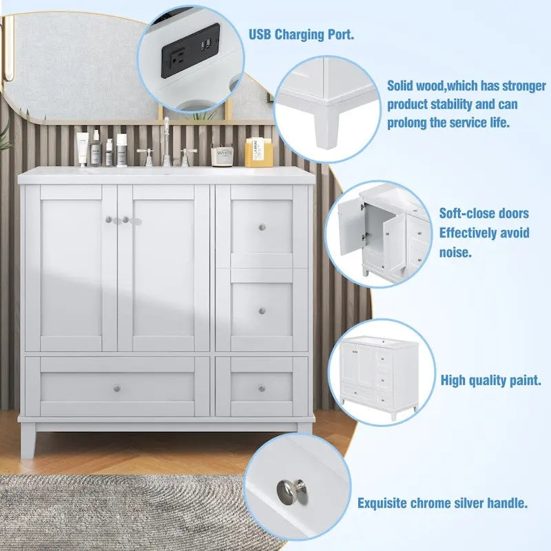 36 Inch Modern Bathroom Vanity with USB Charging and Single Resin top