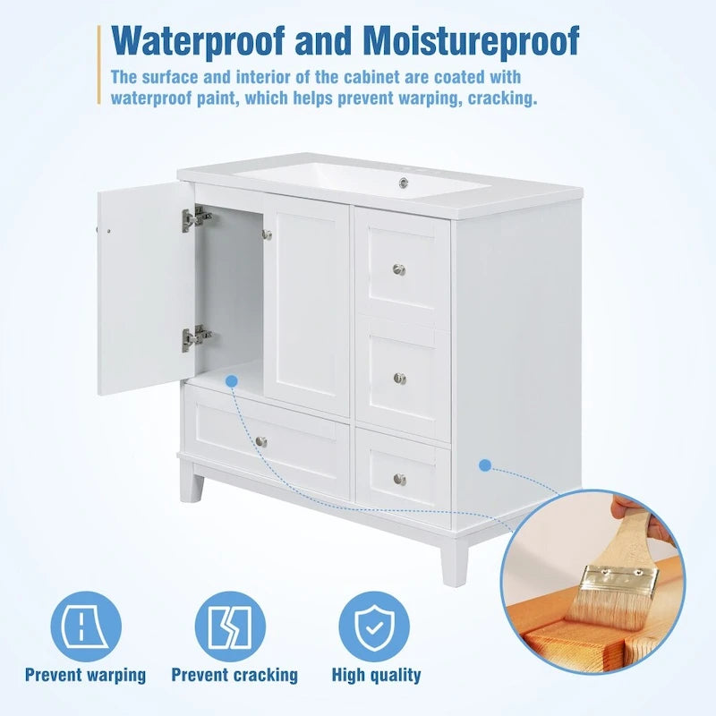 36 Inch Modern Bathroom Vanity with USB Charging and Single Resin top