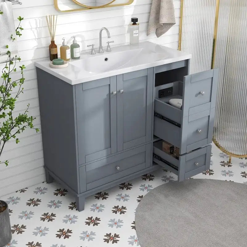 36 Inch Modern Bathroom Vanity with USB Charging and Single Resin top