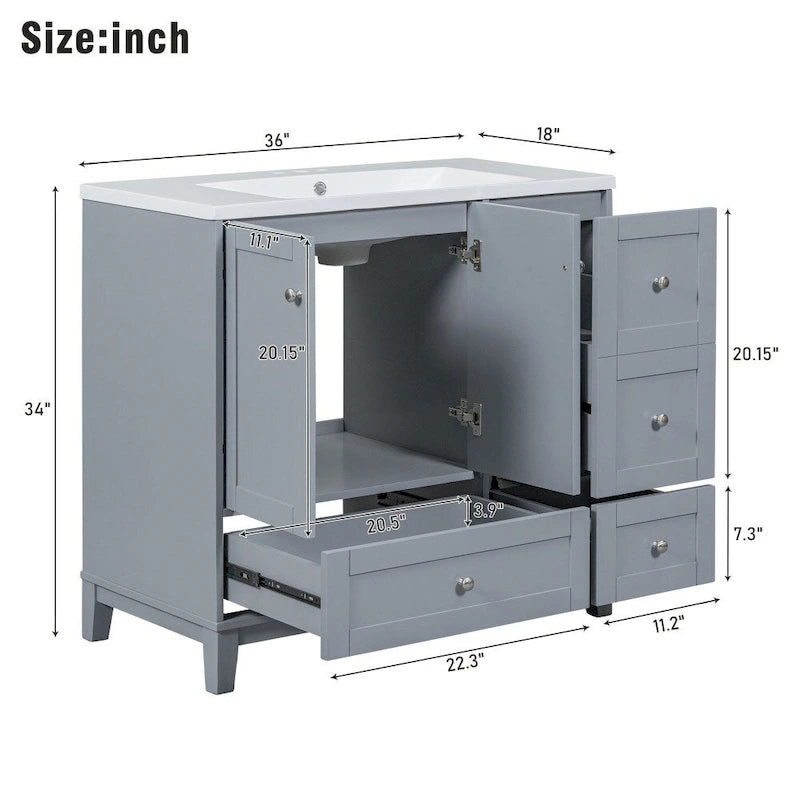 36 Inch Modern Bathroom Vanity with USB Charging and Single Resin top
