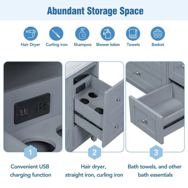 36 Inch Modern Bathroom Vanity with USB Charging and Single Resin top