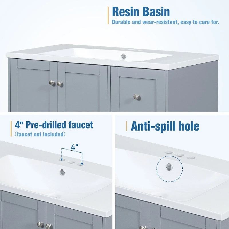 36 Inch Modern Bathroom Vanity with USB Charging and Single Resin top