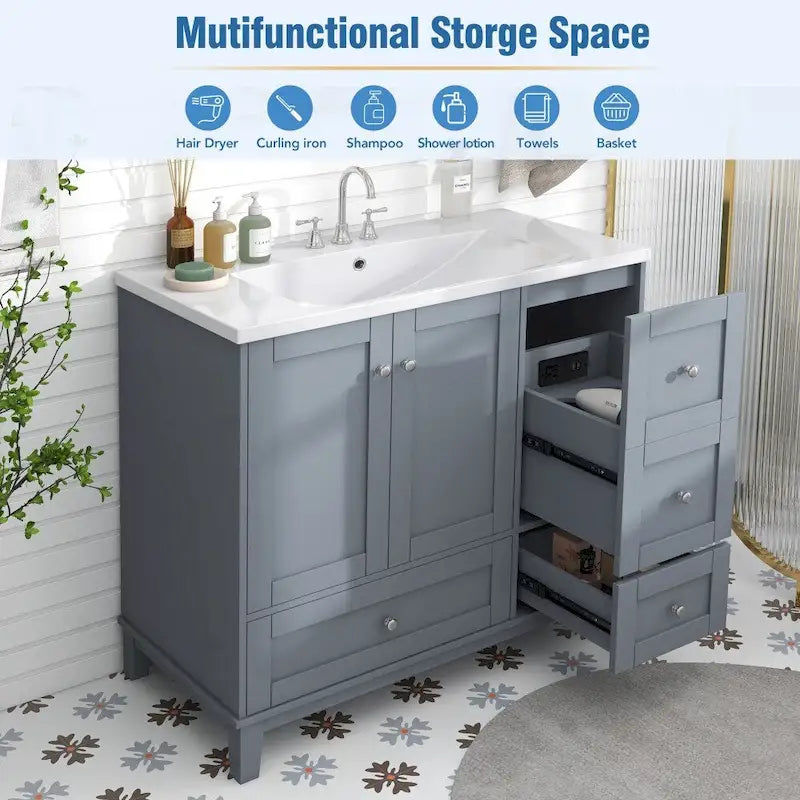 36 Inch Modern Bathroom Vanity with USB Charging and Single Resin top
