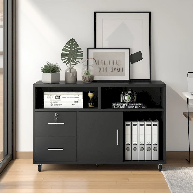 2 Drawer Lateral Wood Filing Cabinet with Lock and Open Shelves for Home Office